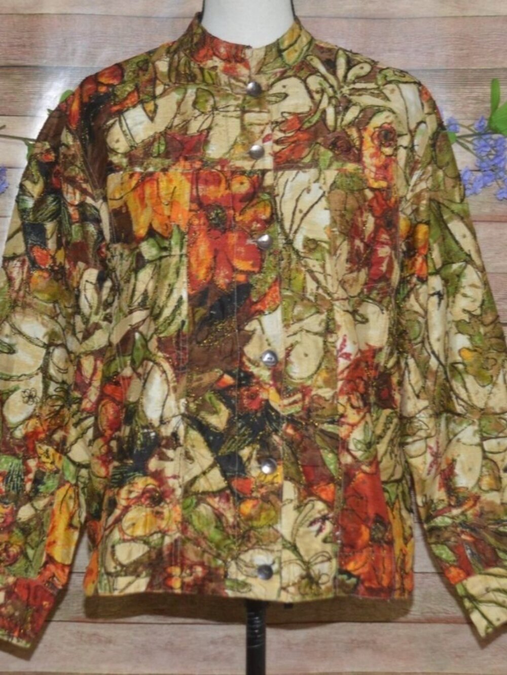 Chico's Silk Brown Neutral Floral Ladies M 8 Abalone Beaded Button Up Jacket